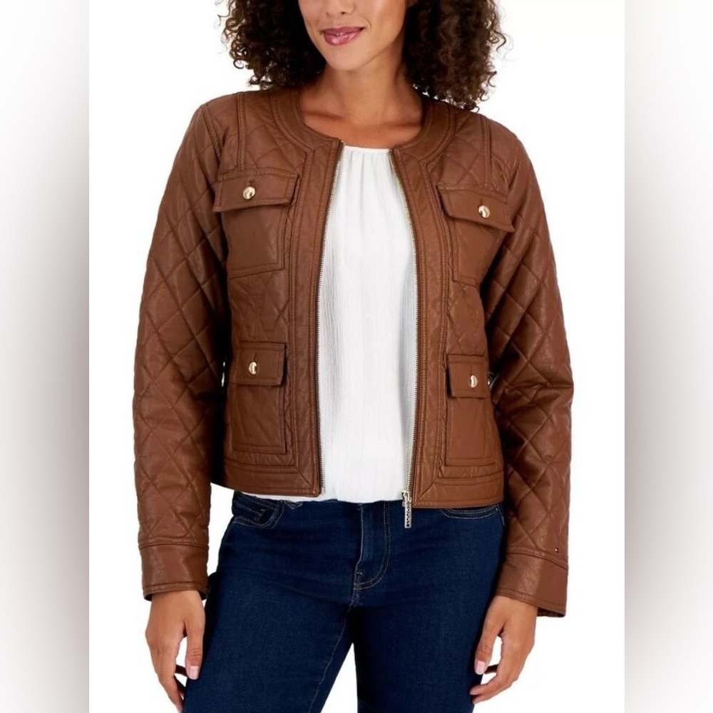 Tommy Hilfiger Quilted Brown Women's Vegan Leather Jacket minimalist equestrian